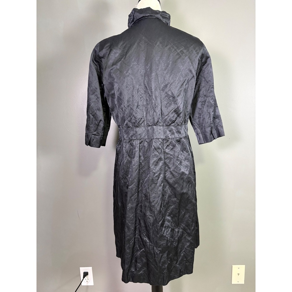 Eileen Fisher Steel Satin Coat S Black Metallic Ruffle Collar Lightweight Shiny - Picture 3 of 9